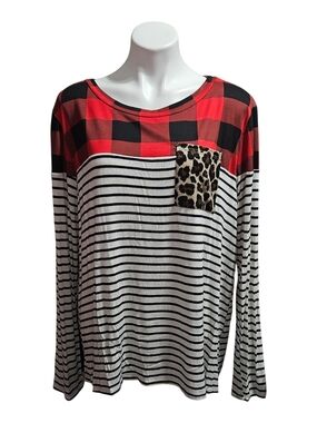 Women’s Red Plaid and Black Stripe Long Sleeve Top with Leopard Pocket